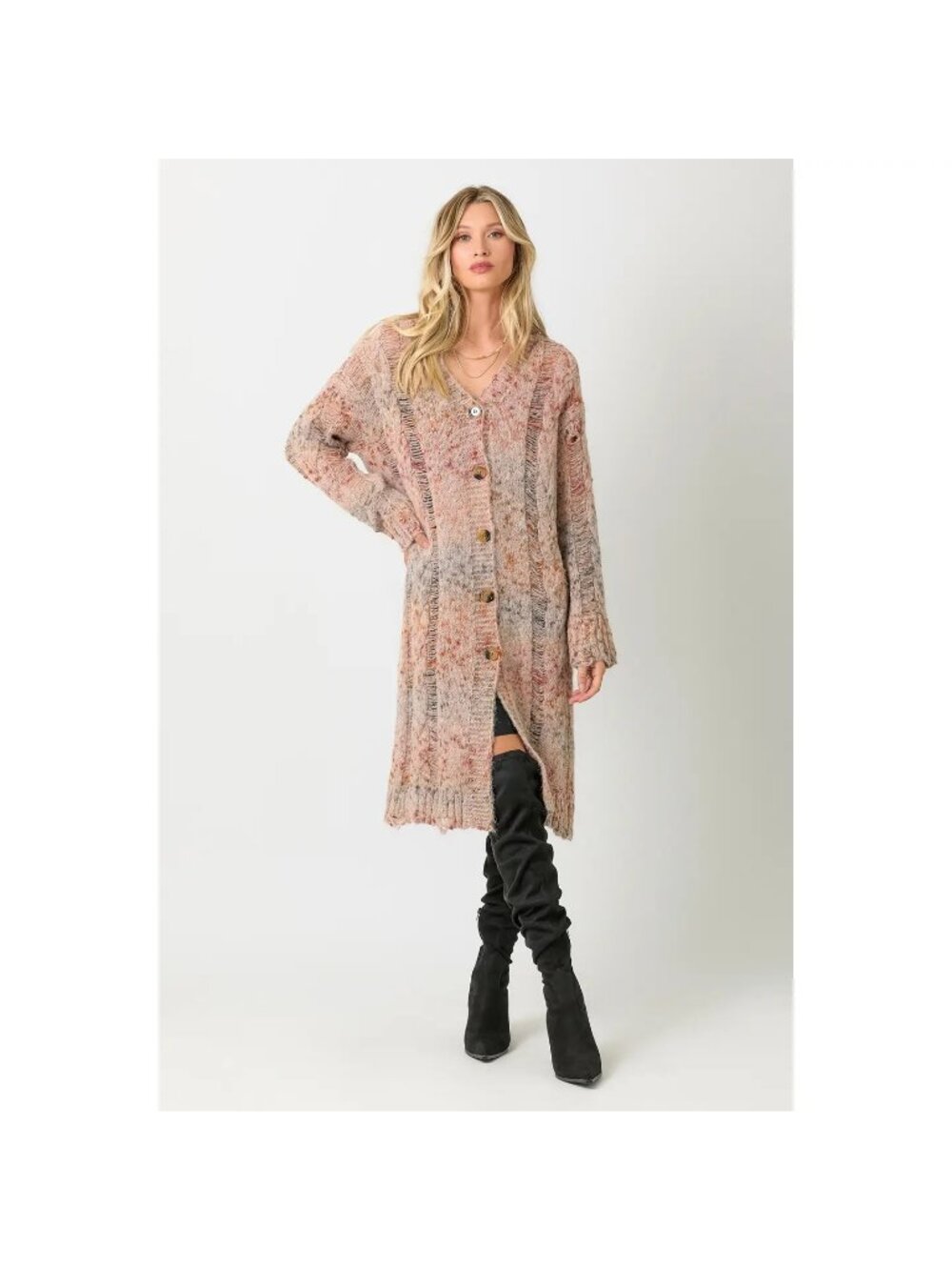 Mystree Long Sleeve V-Neck Button Down Cardigan in Latte Mix - Sz S - New